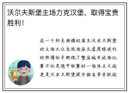 沃尔夫斯堡主场力克汉堡，取得宝贵胜利！