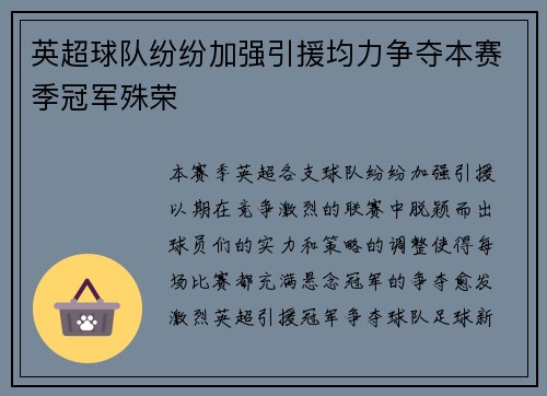 英超球队纷纷加强引援均力争夺本赛季冠军殊荣