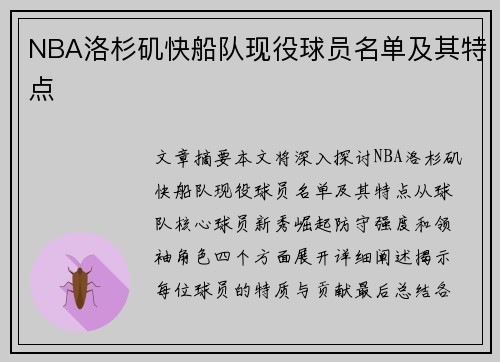 NBA洛杉矶快船队现役球员名单及其特点